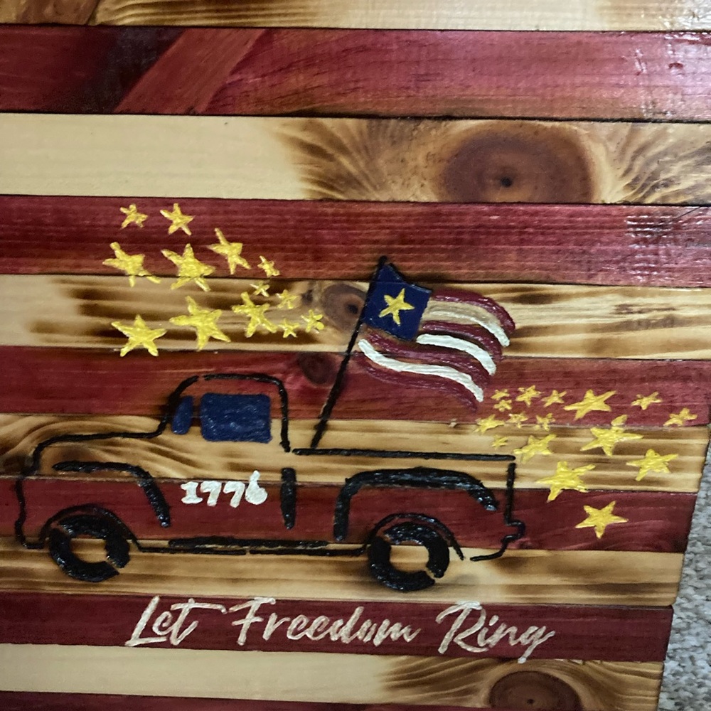 Handcrafted wall art.Solid wood,”Let Freedom Ring” 1776 flag. Hand painted too!